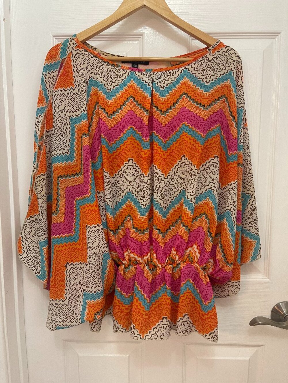 Juliette Chevron Blouse Size L Multicolor Long Sleeve Elastic Waist Top
